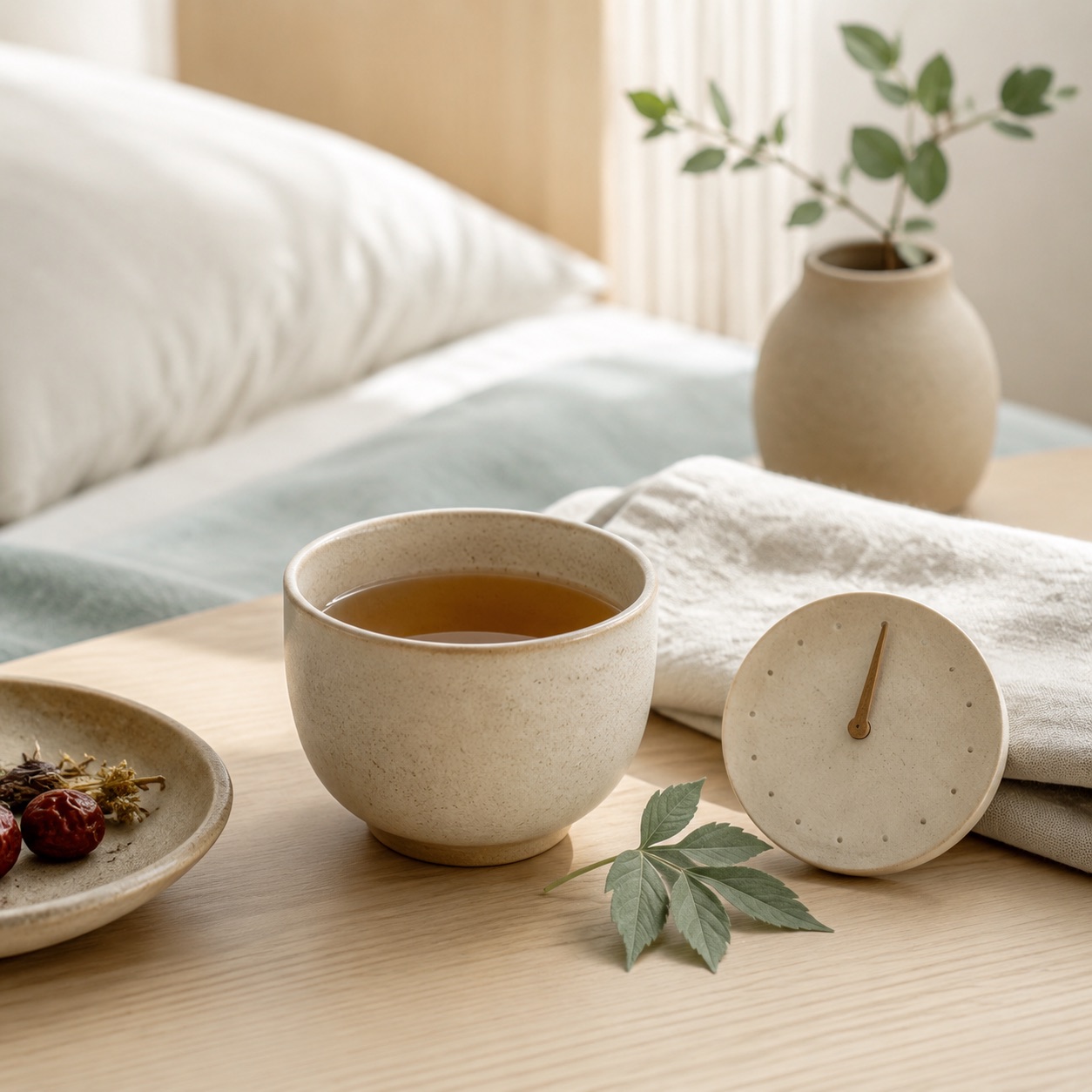 茶湯與人參、紅棗、茉莉花蕊靜物——中醫內科調理意象
